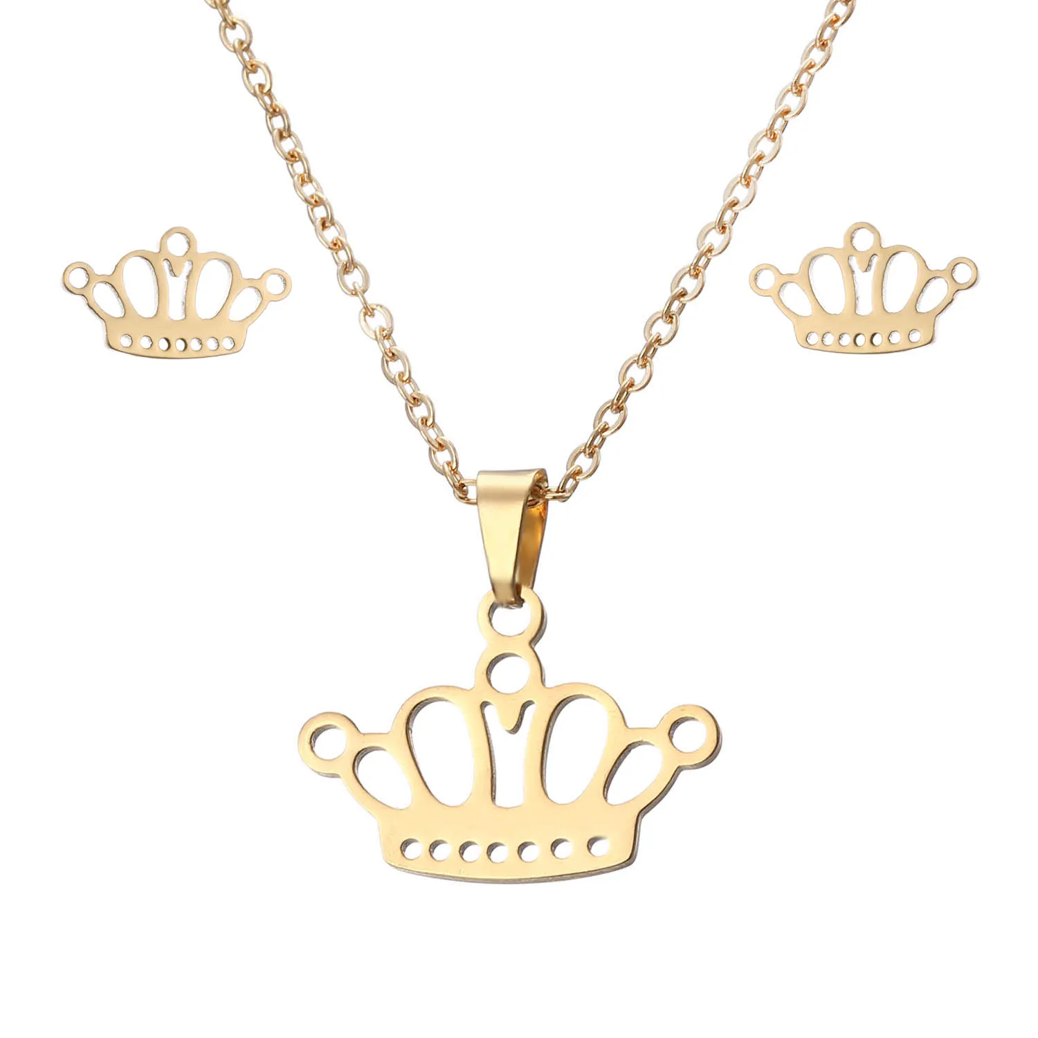 

New Female Fashion Simple Gold Plating Stainless Steel Crown Heart Clavicle Necklace Earrings Set For Women Party, As shown