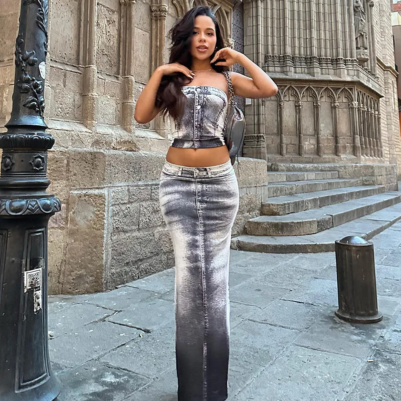 

K23S34190 Summer Ankle-length Two Pieces Skirts Sets Print 2 Piece Set Women Street Venetian Women's Set