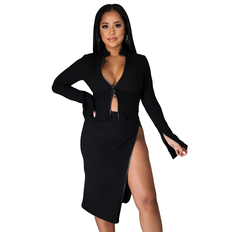 

2021 Sexy Women's Top Long Sleeve Double Zipper Split Skirt Ladies Cloth Skirt Set Female 2 piece Set, Black