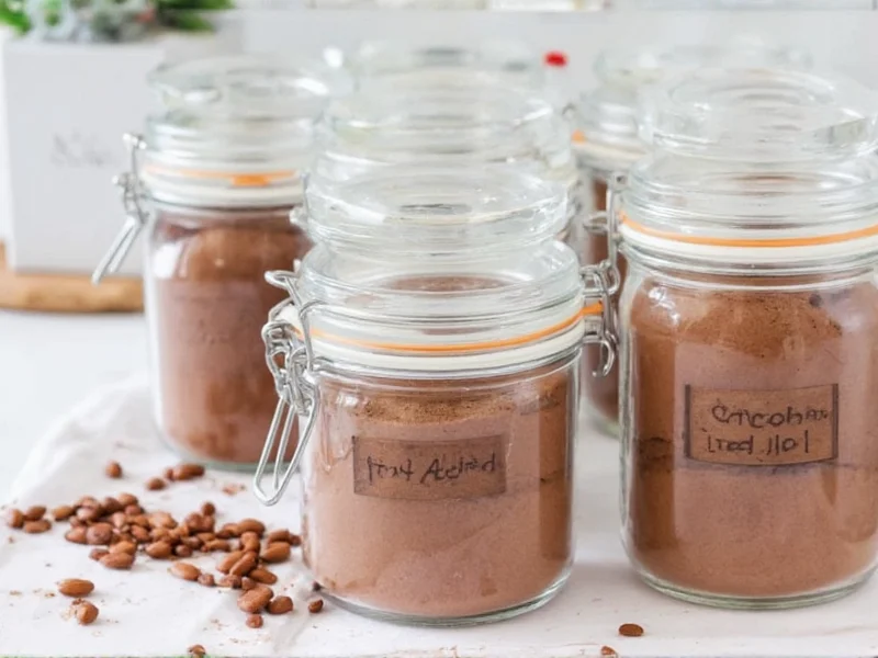 Diy hot cocoa mix stored in labeled glass jars