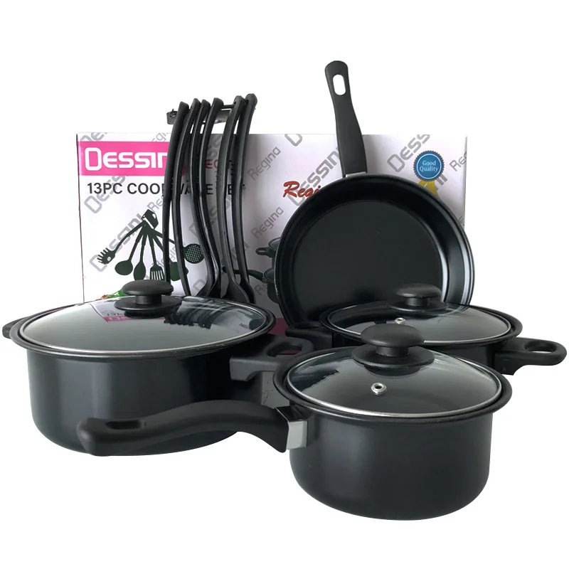 

Non Stick Die Casting Cast Iron Kitchen Cooking Pot Frying Pan Casserole Cookware Kitchen Non Stick Cookware Set With Glass Lid, Black