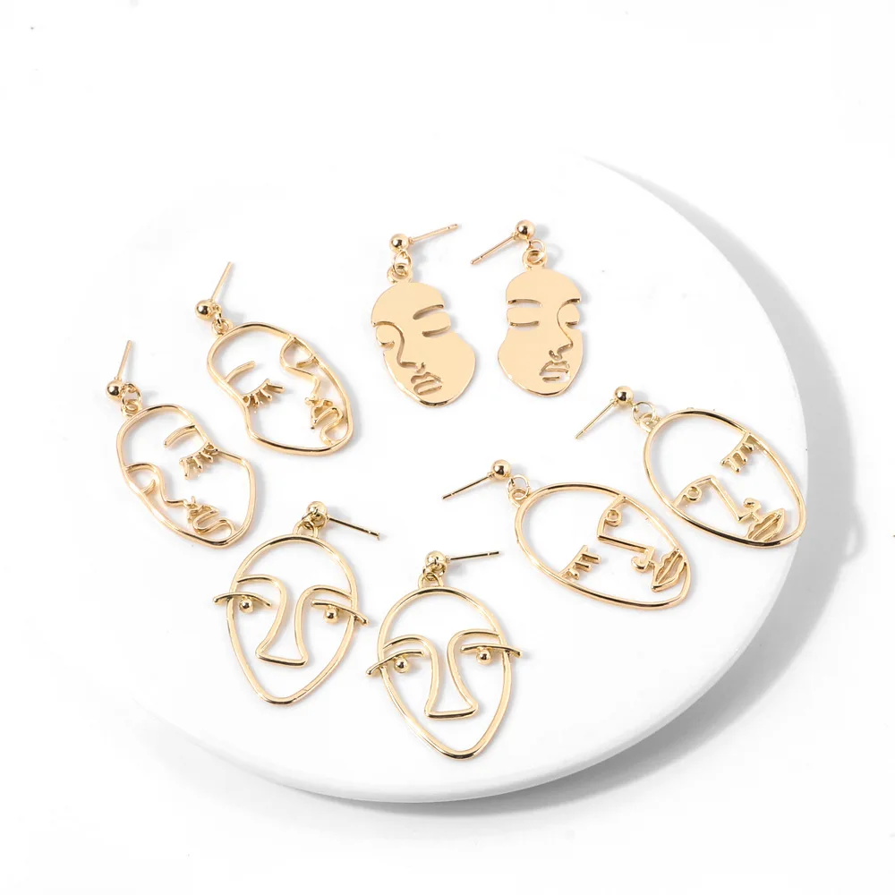 

Fashion Statement Women Earring Jewelry Gold Plated Abstract Hollow Out Face Drop Earrings, As pic