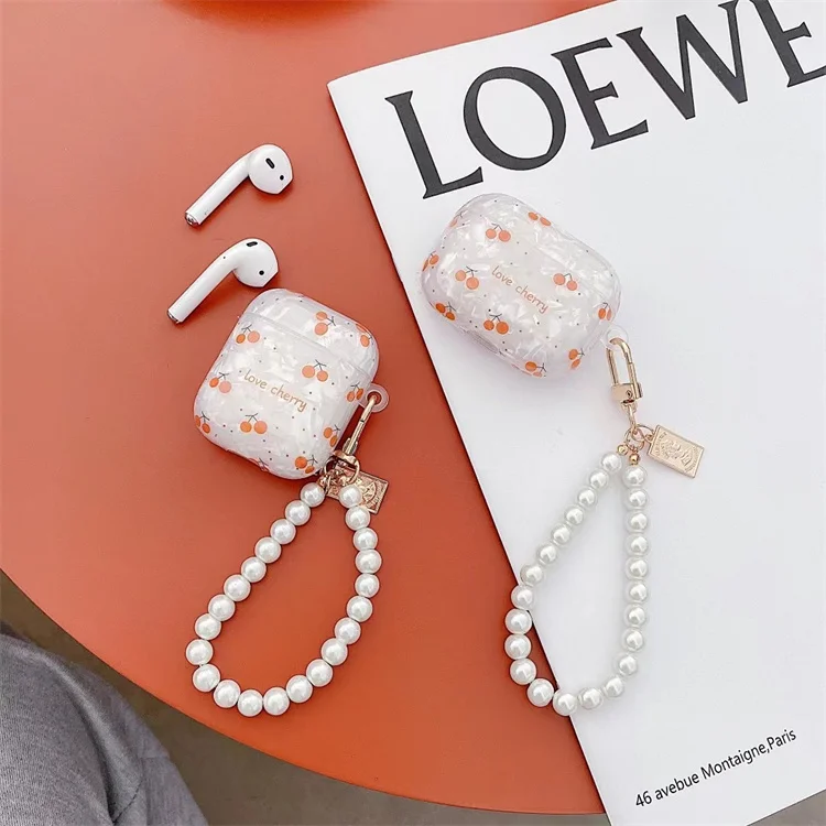 

Hot Selling Luxury Fashion Girls Cute Cherry Design Shell Soft Case with Pearl Bracelet for Apple Airpods 1 2 3 Pro, Girl style earphone cases for apple airpods