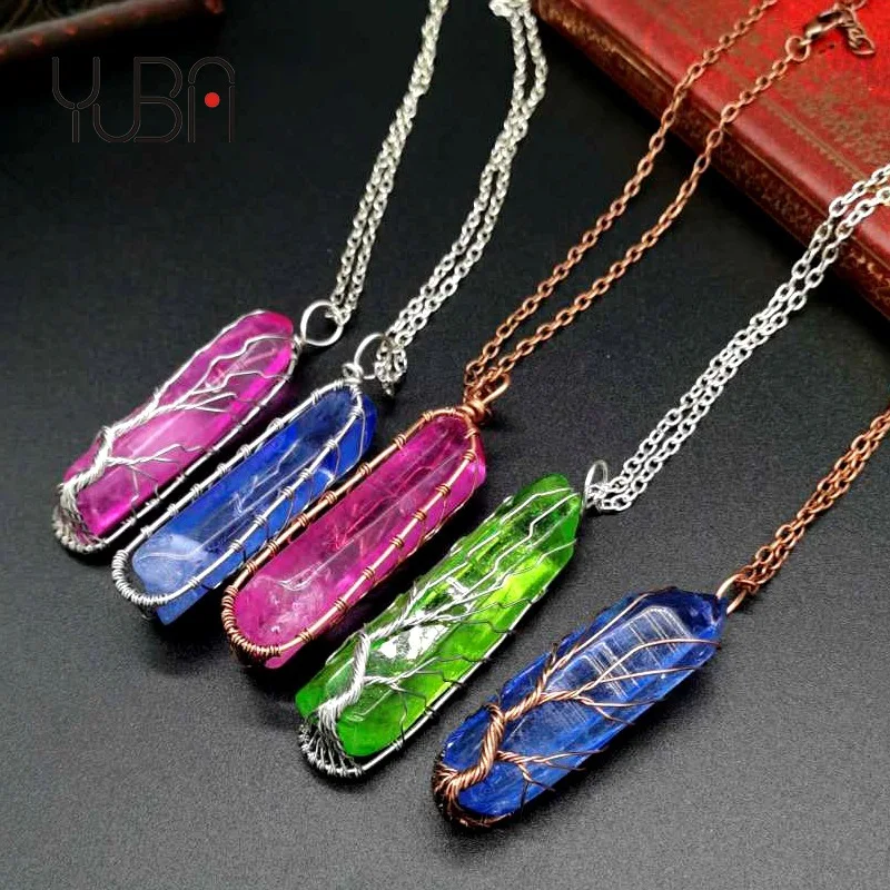 

Wire wrap tree of life Natural stone necklace crystal point pendant women necklace fashion jewelry