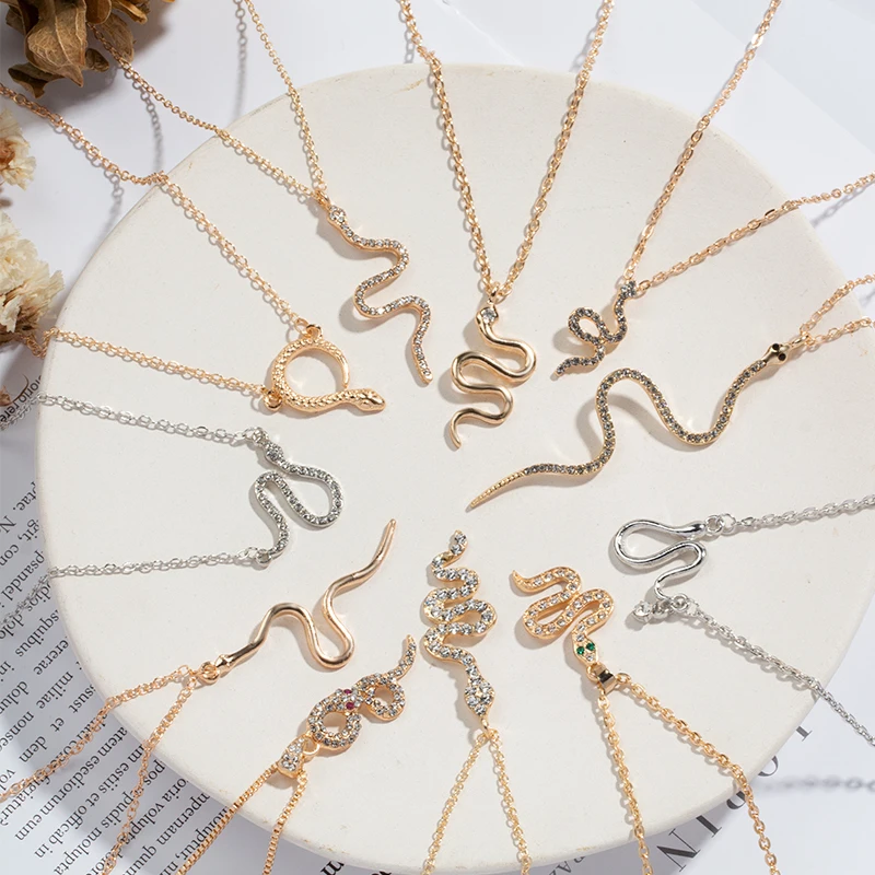 

wholesale price women silver gold rose gold plated link chain choker zircon rhinestone snake pendant charm necklace