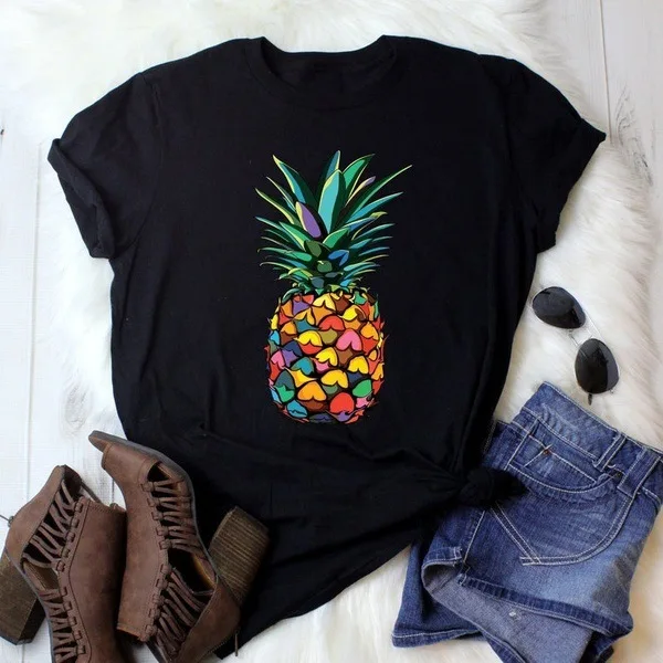 

pineapple Print T Shirts for Women T-shirt Basic Cotton O Neck Casual Vintage Tops