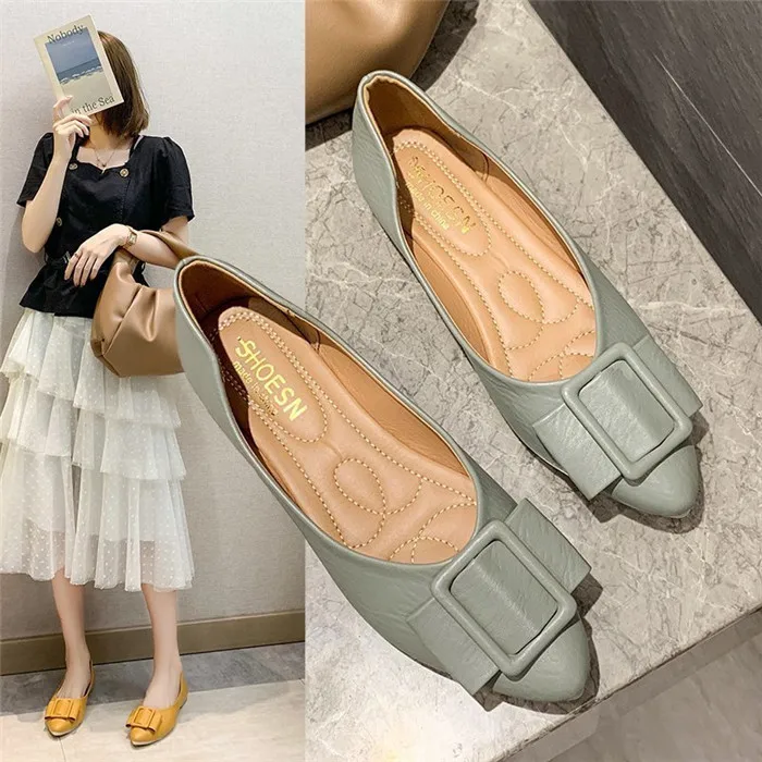 

Hot-selling low-help shoes women's flat-bottomed square ring leather shoes low-heeled single shoes, Yellow, green, black, beige