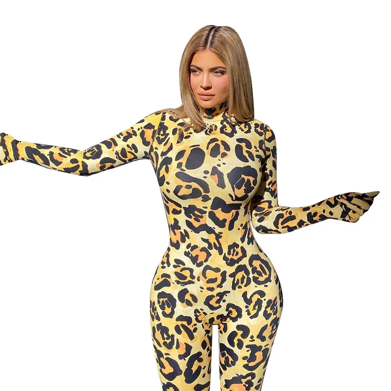 

2021 New Arrivals in stock Wholesale women leopard print o neck long sleeve slim ladies jumpsuit