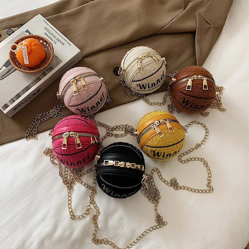 

2021 Soft Plush Mini bags Basketball Purses for Girls Cute round Handbags Women crossbody bag, 6 colors
