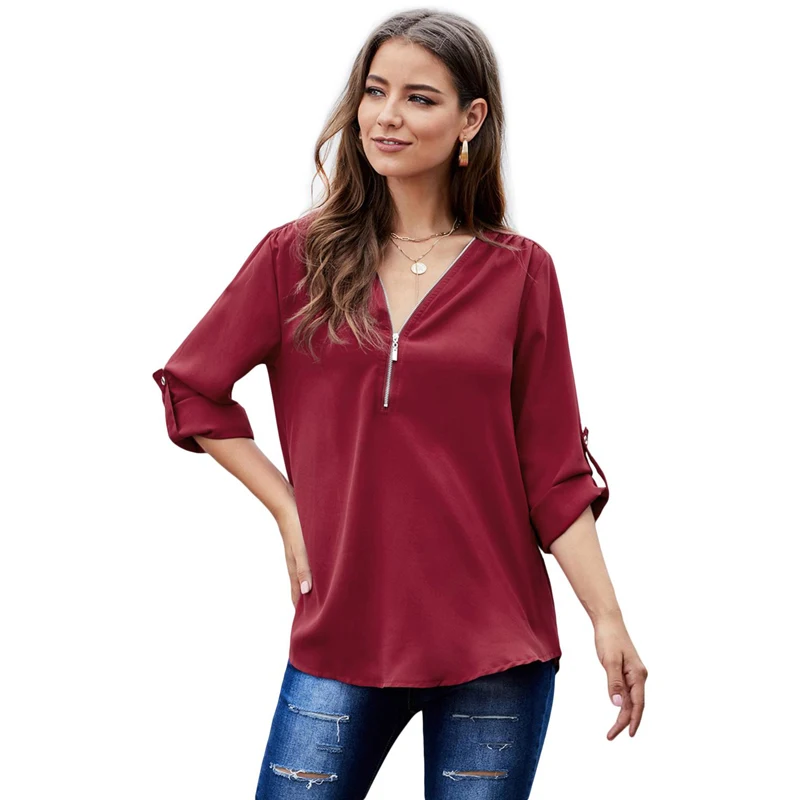 

Spring&Summer Women Casual Soild V Neck Half Sleeve Zip up Half Sleeve Blouse