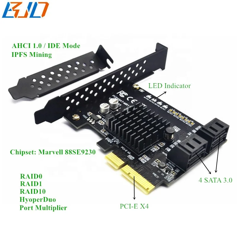 

4 SATA 3.0 TO PCI-E PCIe 4X Expansion Riser Card Raid 6Gbps Marvell 88SE9230 for IPFS HD Mining Max 20TB Hard Disk