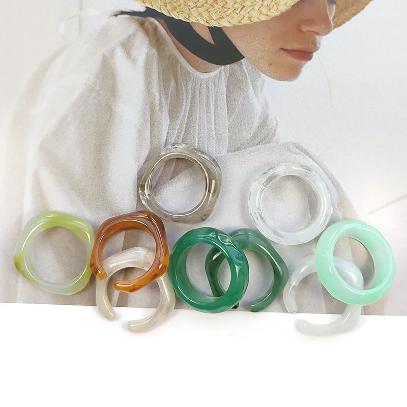 

INS Minimalist Trendy Summer Acrylic Geometric Resin Rings Hot Selling Colorful Adjustable Resin Rings 2021
