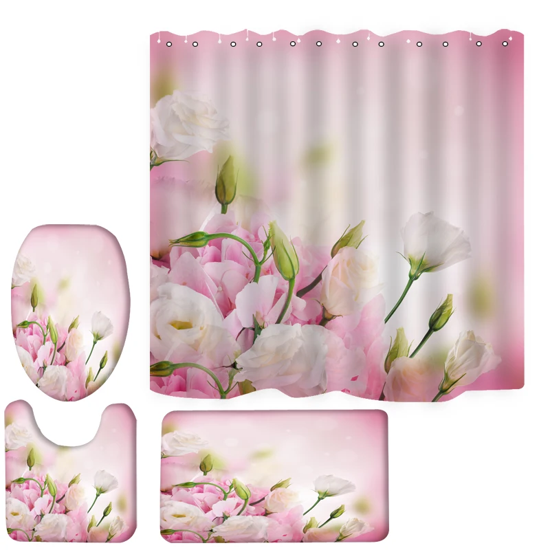 

180x180cm customizable partition bathtub shower curtain bathroom non-slip foundation pink tulip mat four-piece toilet set, Picture