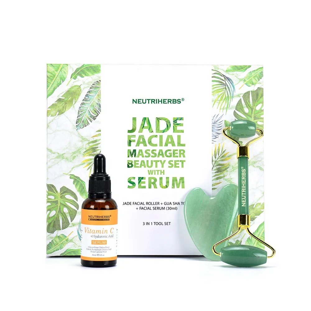 

Wholesale Skin Rejuvenation Tightening Facial Serum Gua Sha Jade Roller Set, Green