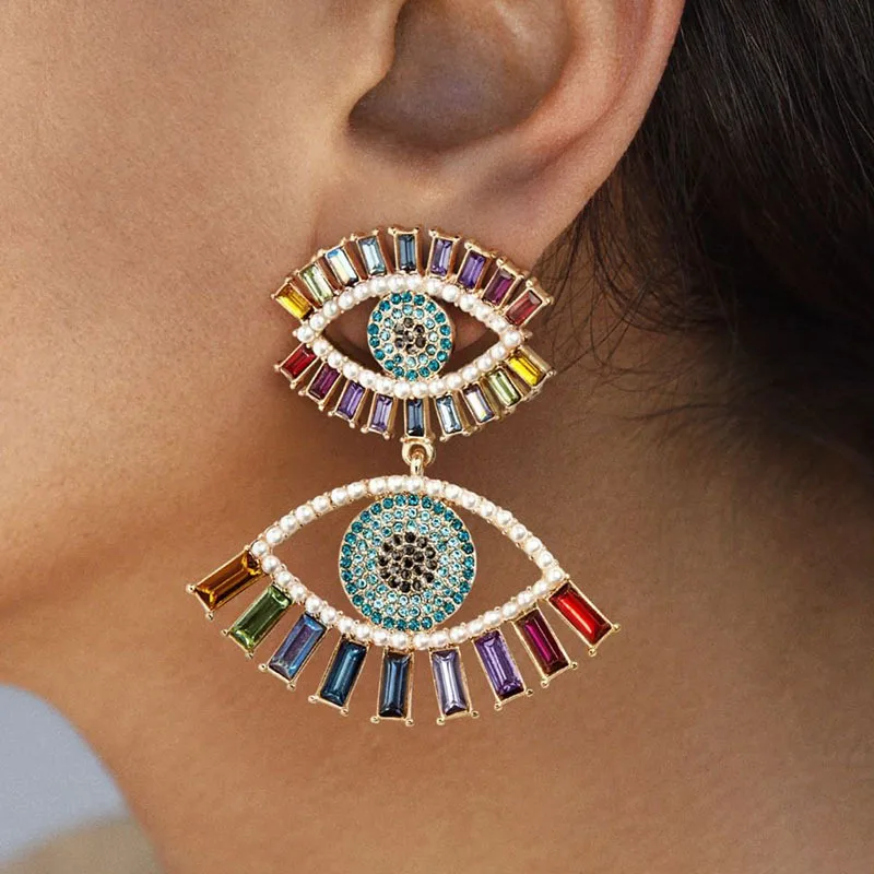 

European Exaggerated Jewelry Imitations Pearls Stud Earrings Color Rhinestone Double Eyes Dangle Earrings