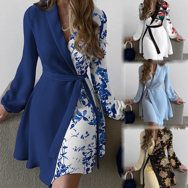 

YD - 0173 Fast shipping casual woman fashionable autumn designer patchwork printed slim fit dress with belt office fashion dress