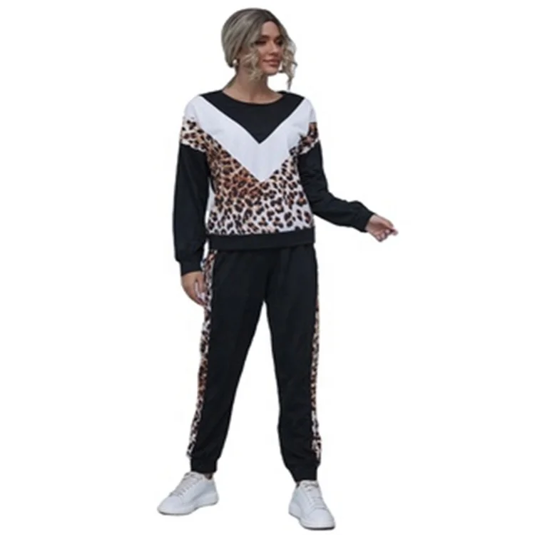

New arrival comfortable casual patchwork hoodie suit long sleeve round neck woman leopard print set, Picture shows