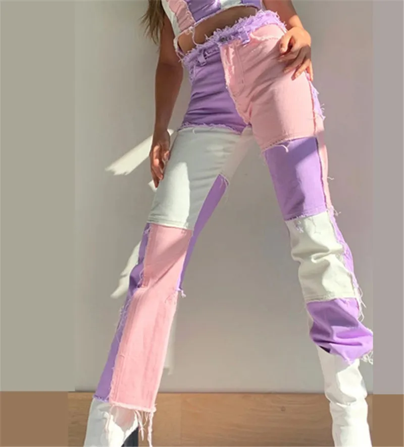 

Summer New Style Wholesale Stitching High Waist Women's Straight Jeans Trousers, Different colors and support to customized