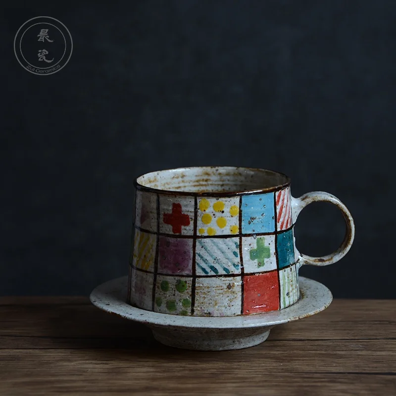 2020 hot sale Self-designed brand hand painted Colored plaid pottery cup for tea/coffee