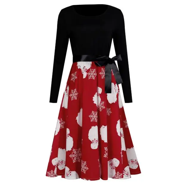 

2020 ladies latest red christmas dresses high quality cheap long sleeve cute printed elegant christmas dress