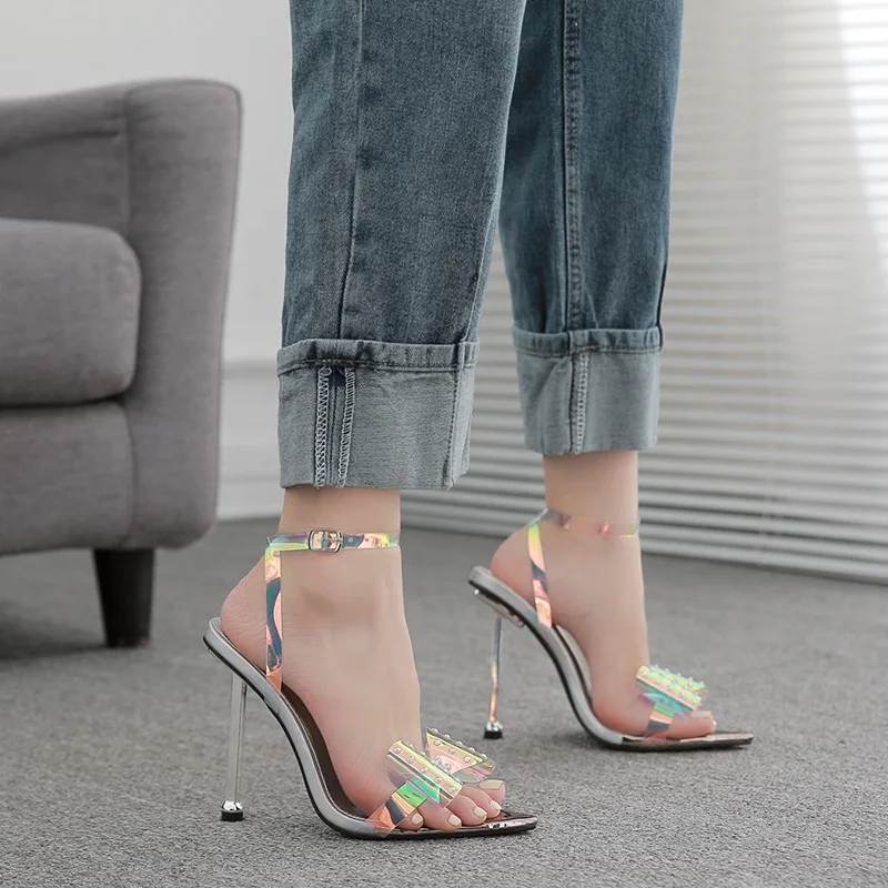 

115263 DEleventh shoes women popular pointed toe color matching luxury rhinestone quality pvc heels custom ladies summer sandals, Apricot,silver