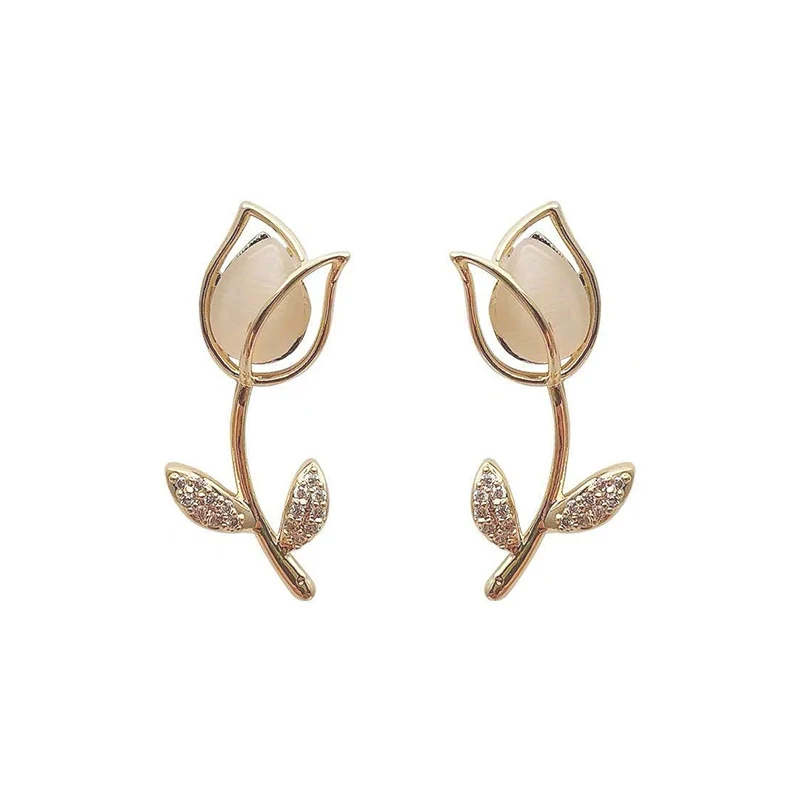 

Wholesale korean cute rose shape opal fashion zircon silver post stud earrings 14K Gold Plated Women Jewelry