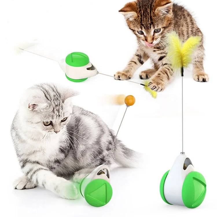 

Secure funny cat stick balance swing car tumbler with replaceable ball feather head leakage food pet cat scratcher toys, Yellow blue pink black,green