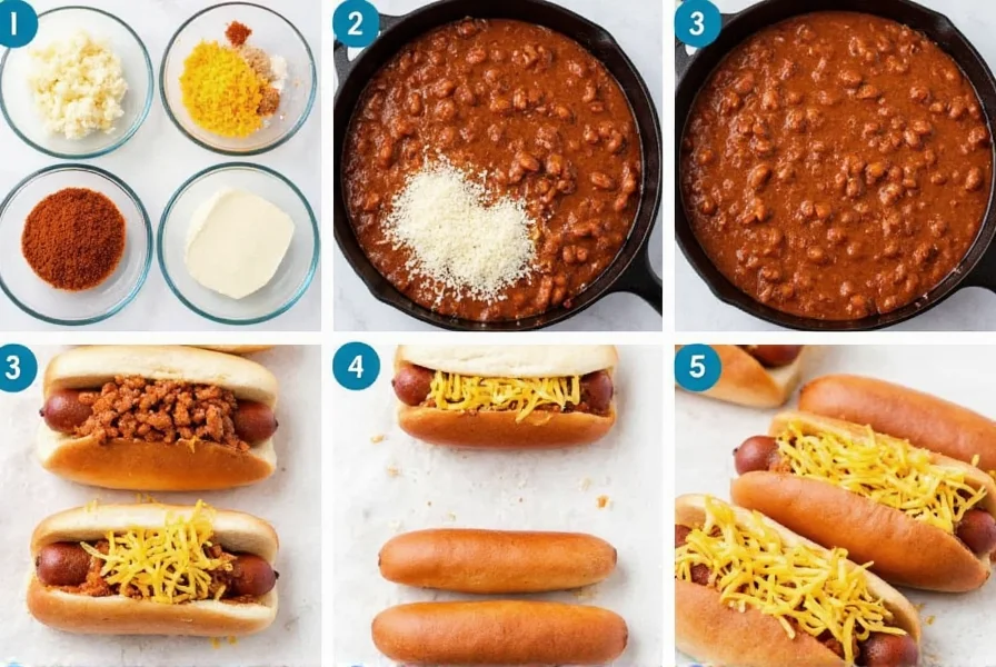 Step-by-step preparation of homemade chili dog with cheese showing ingredients, cooking process, and final presentation