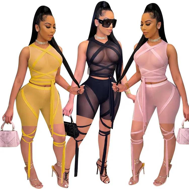 

Summer new style sexy mesh see through hollow bandage solid color sleeveless crop top short two piece suit