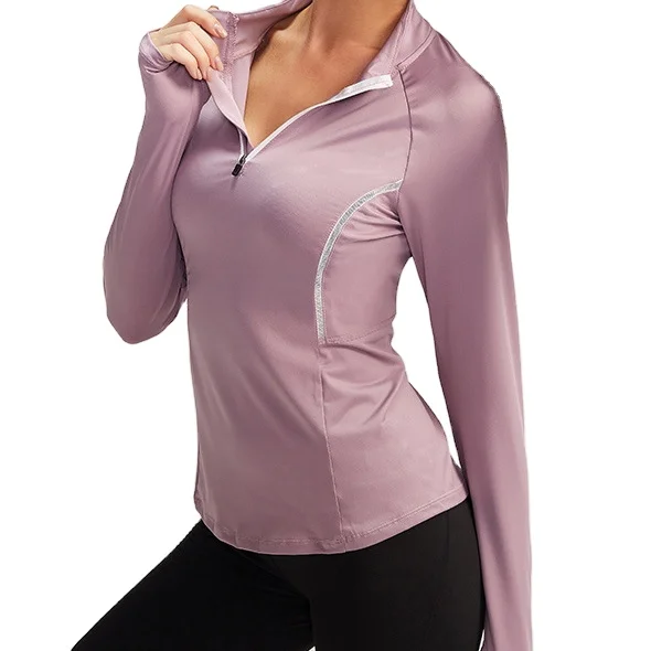 

Wholesale Half Zip Slim Yoga Tops Leisure Running Sports Shirts Long Sleeve Tight Jacket with Thumbhole Women, Multiple colors