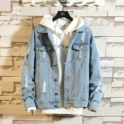 

Hot selling mew arrivals hole solid color turn-down collar loose casual linght blue plus size 3xl denim jackets men