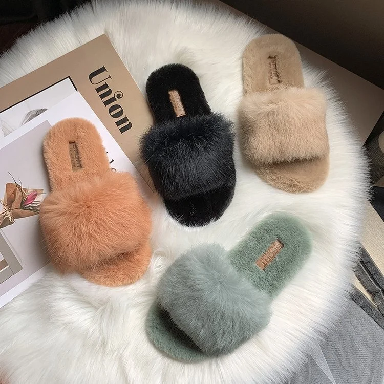 

Women New Arrivals 2021 Fluffy Slippers Fur Fabric Fuzzy House Slides Ladies Footwear Plush Slipper Flip-flops Women Flat Shoes