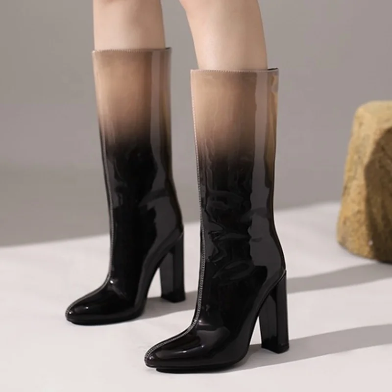 

2021 Latest Design Square High Heel Boots Sexy Plus Size 43 Gradient Color Slip on Women Knee High Boots