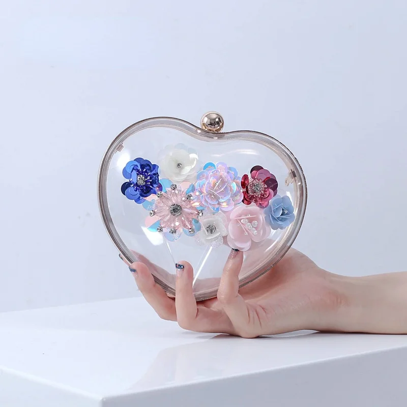 

High quality New Arrival Heart Shaped Handmade Transparent Flower clear Acrylic clutch Evening Bag, Mix colors