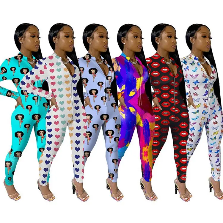 

0420M099 2021 Wholesale Custom Fitness Colorful Printed Full Length Bodycon Sexy Women One Piece Jumpsuits And Rompers For Woman