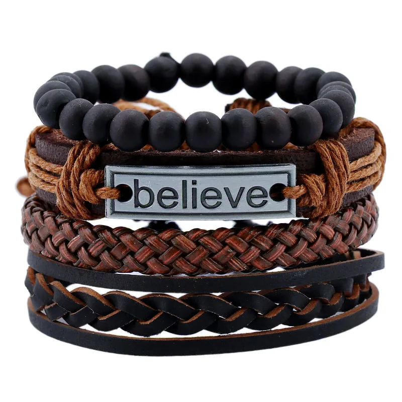 

New Braided Leather Bracelet for Men Women BELIEVE Letter Wooden Beaded Cuff Wrap Bracelet Adjustable Bangle Set of 4 Piece, Brown