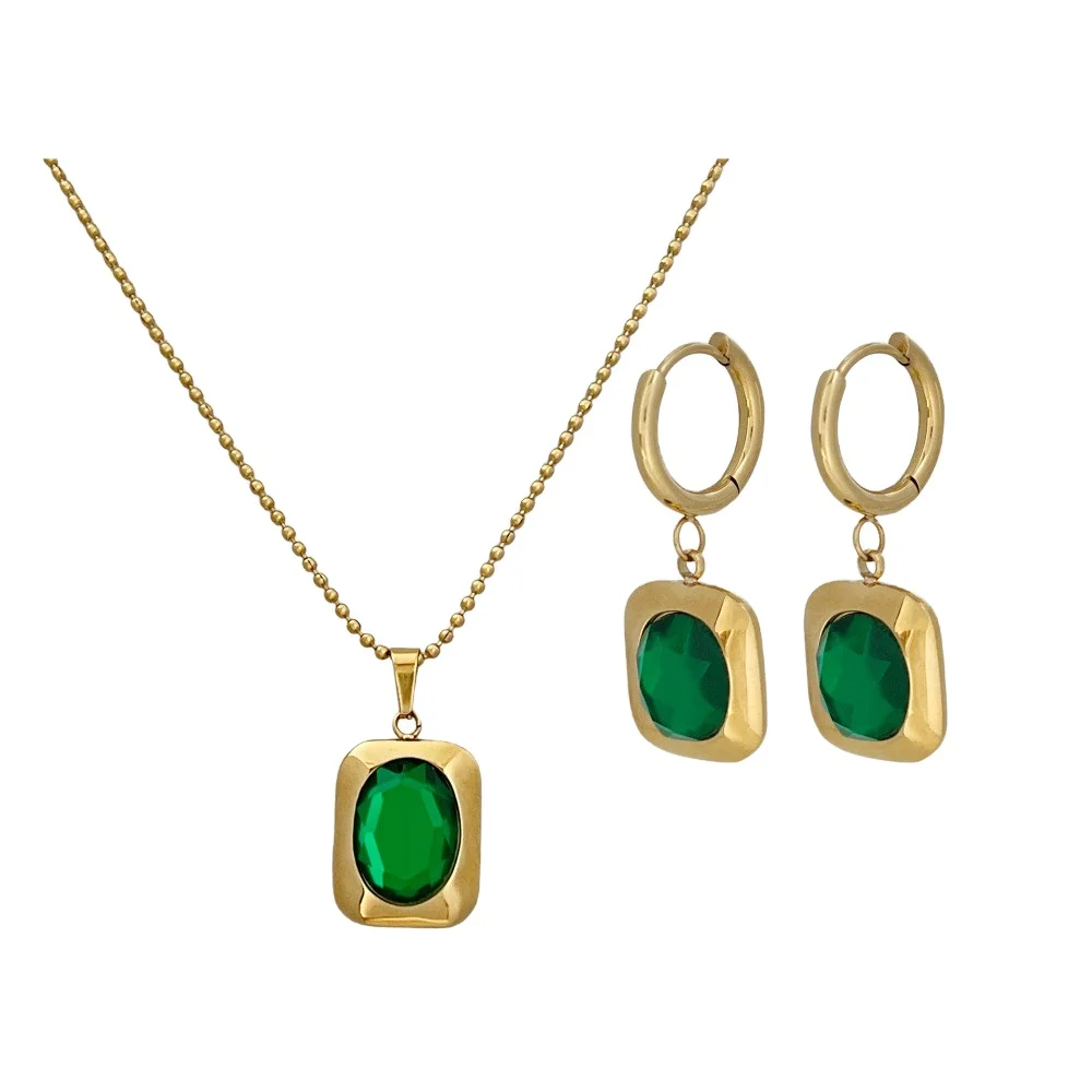 

Wholesale PVD 18K Gold Plated Earrings Necklace Wedding Jewelry Set Green Cubic Zirconia Crystal Pendant Earrings Necklace