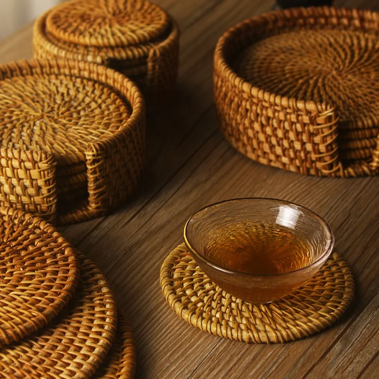 

Hand-woven eco-friendly restaurant coffee cup holder with 10cm diameter rattan heat resistant Vietnamese tea coaster tea coaster