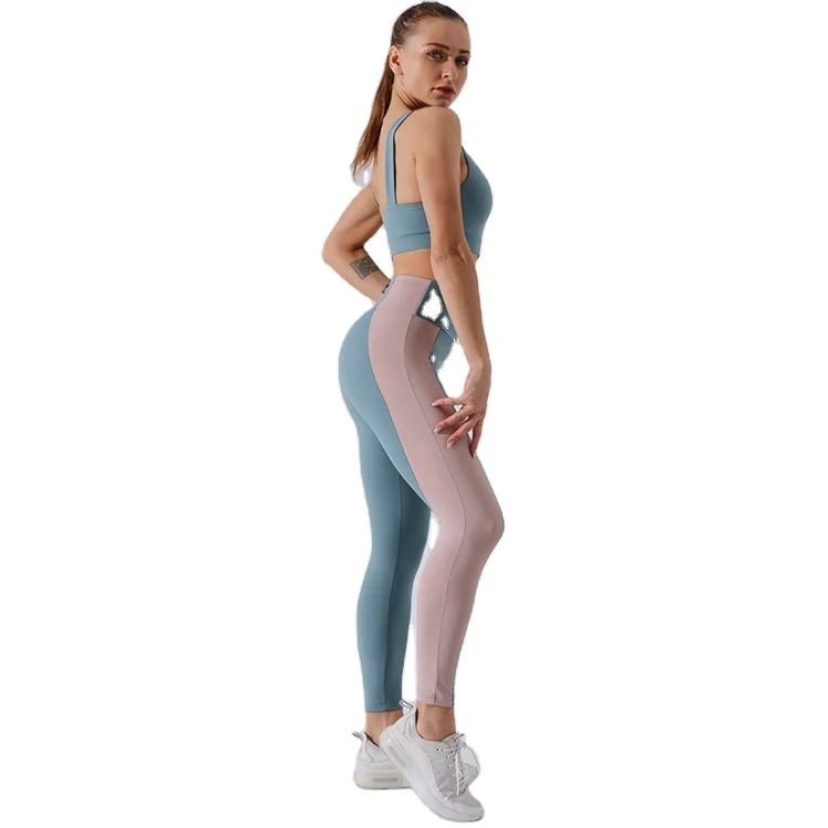

BLUE New color contrast stitching Yoga suit women's sports bra with detachable breast pad quick drying elastic tights