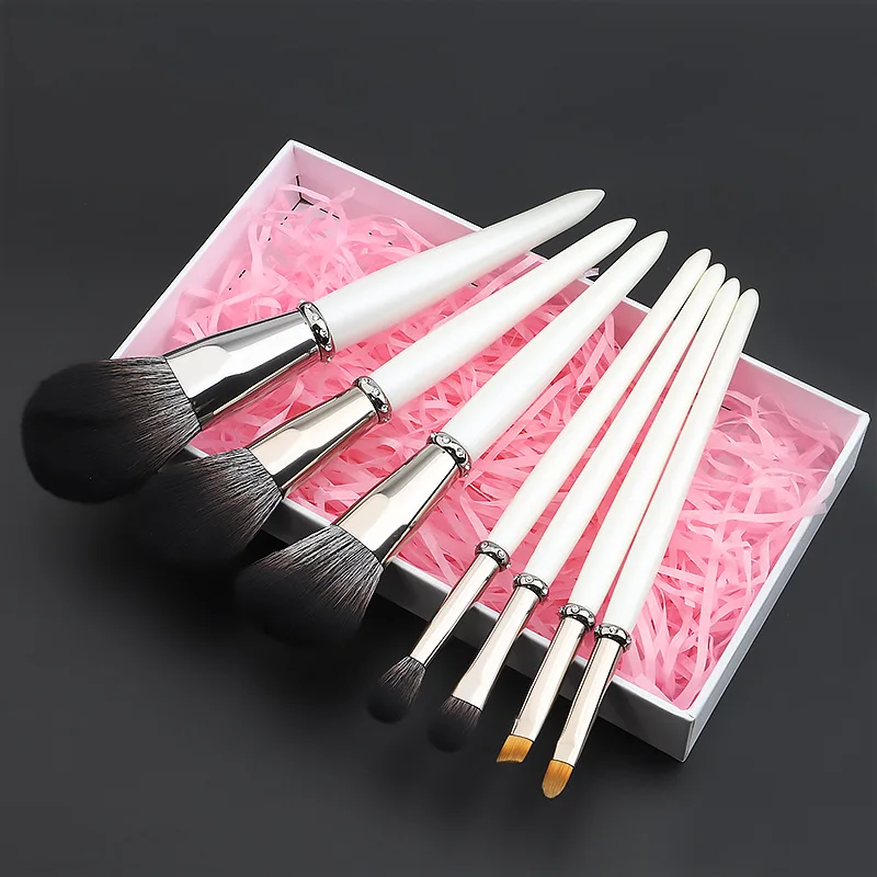 

Professional 7pcs/Set Wooden Glitter Makeup Brushes Goat Hair With Gift Box Packing, White, black