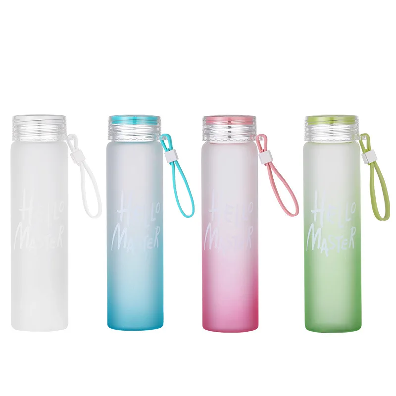

Promotional custom logo 480ml High quality borosilicate portable magic rainbow color frosted glass water bottle, As picture showing