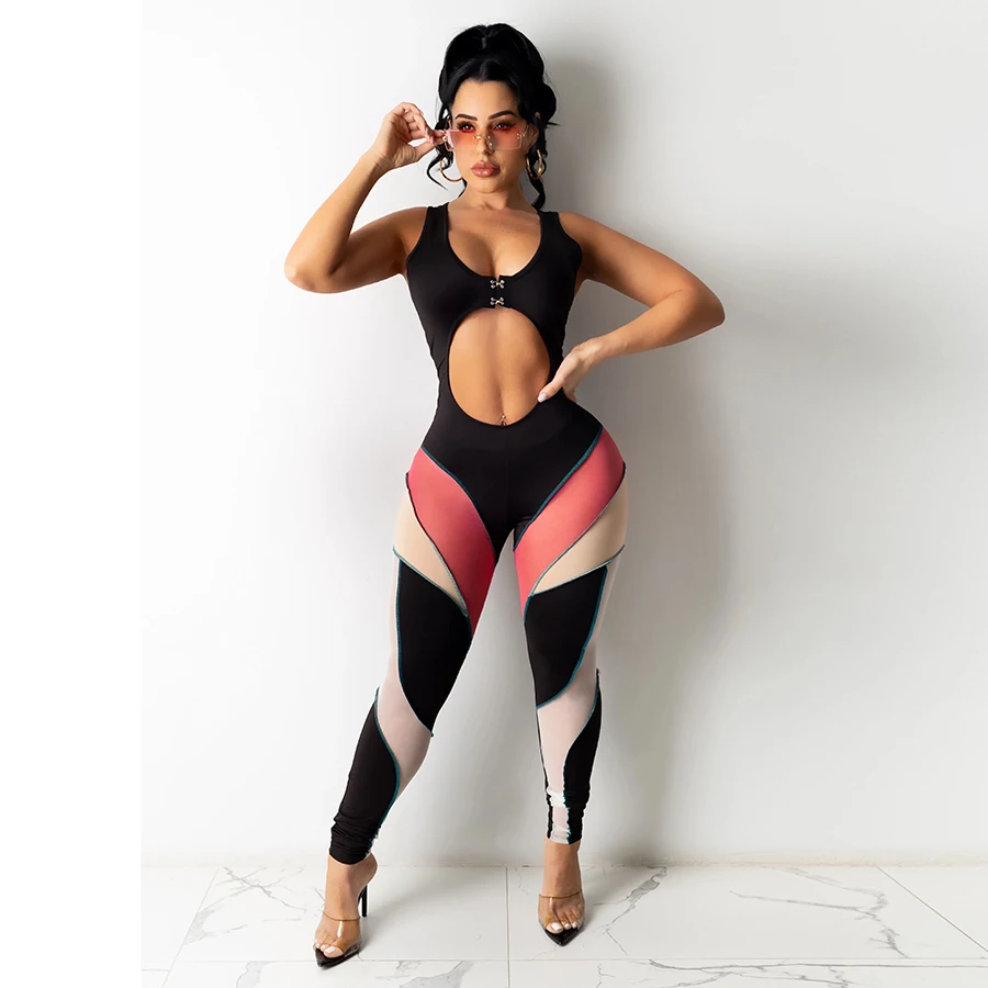 

Nibber K21Q00811 2021 Patchwork Sexy Cut Out Rompers Womens Jumpsuit Fashion Street Style Button Skinny Slim Workout Jumpsuits