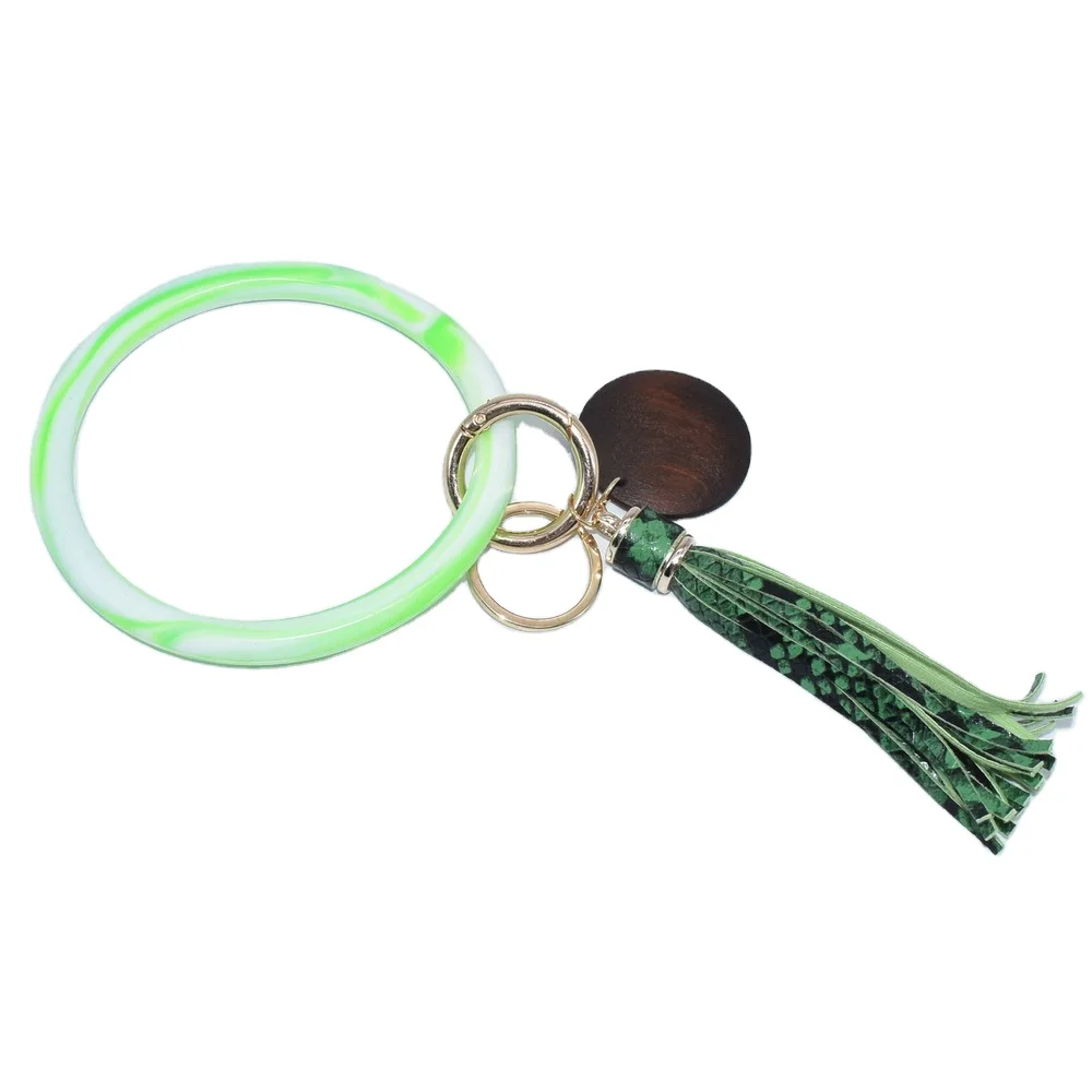 

Silicone bangle keychain large O leather tassel monogram blank disc pendant jewelry, Gold