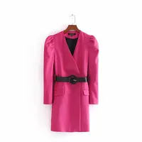 

High street design slim fit v neck puff sleeve women fall/spring sashes blazer dress