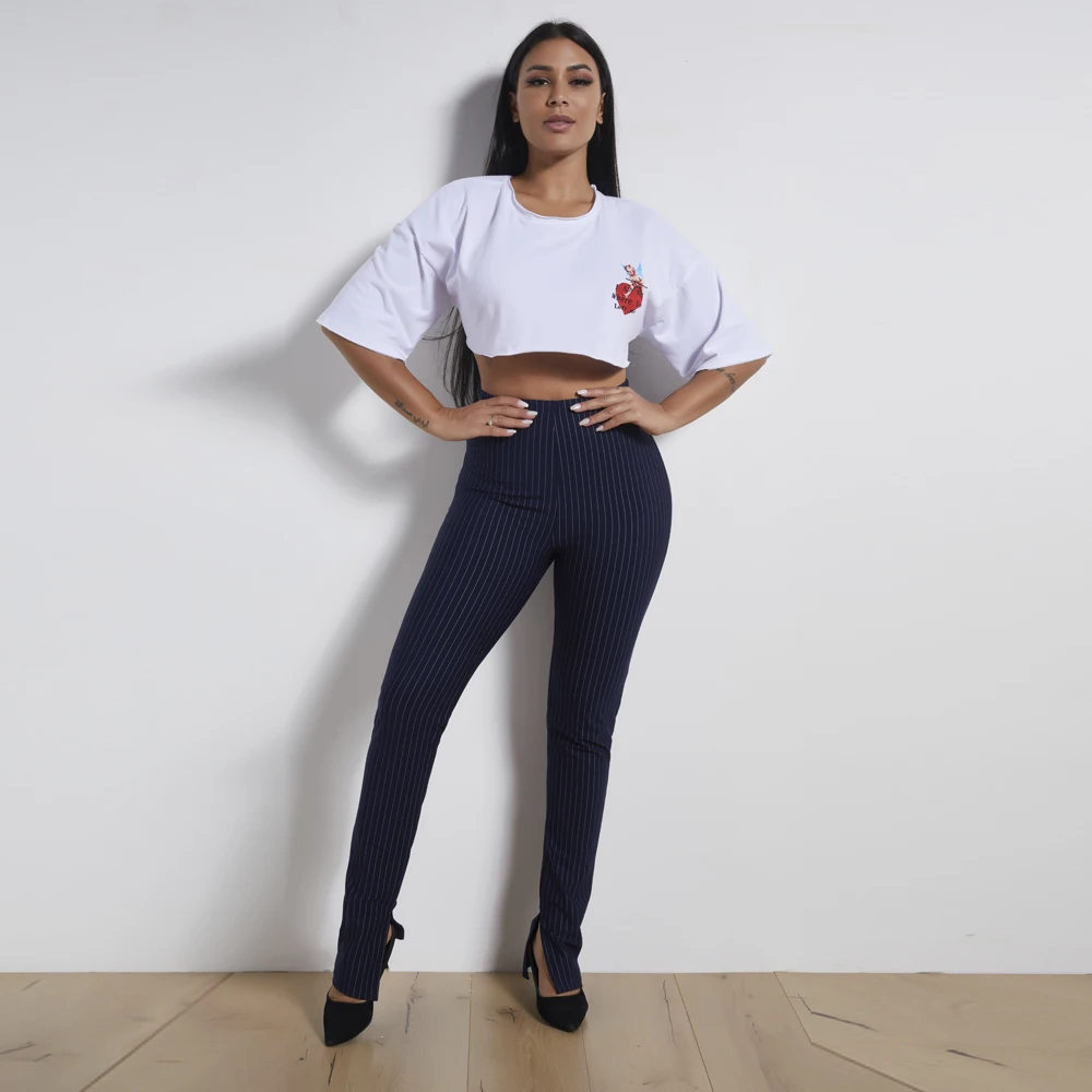 

8291 Women Striped High Waist Pencil Pants Office lady slim hem split trousers