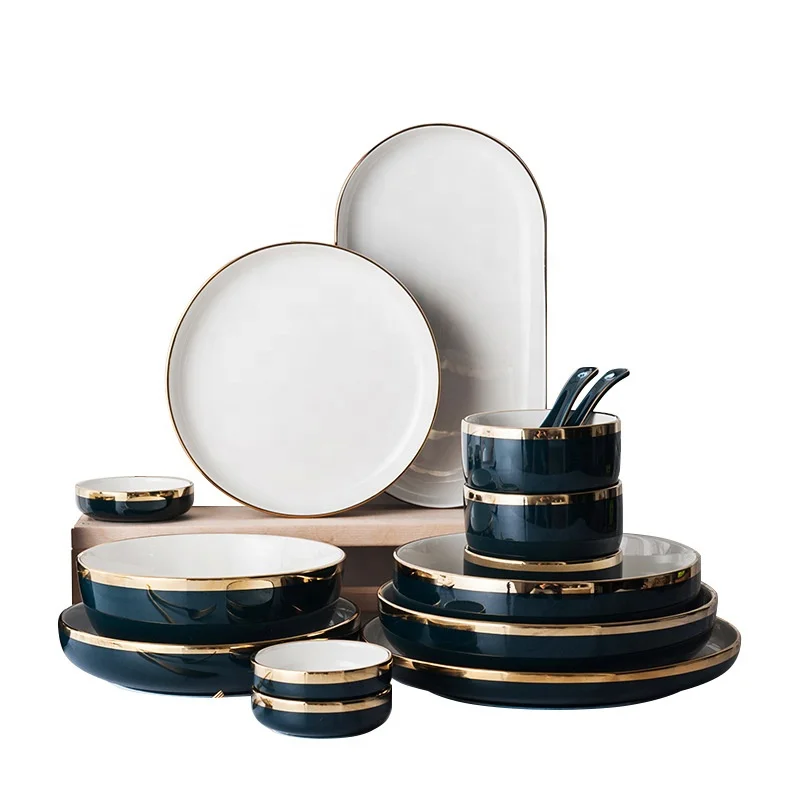 

Porcelain Blackish Green Dinner Set with Gold Rim Underglaze Dinner Plate and Bowl Set