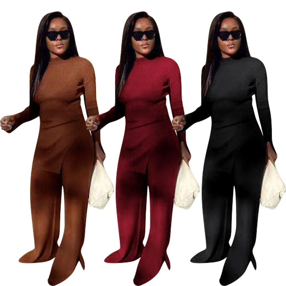 

EB-20121629 Elegant Ladies Long Sleeve Women Sets Two Piece Side Slit Wide Leg Pants 2 Piece Set Women Clothing