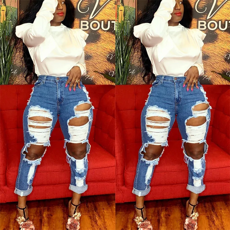 

ELVA Custom 2020 Personality Street Trend Wide Leg Ripped Horn Bell Bottom Denim Women Jeans, As picture shows