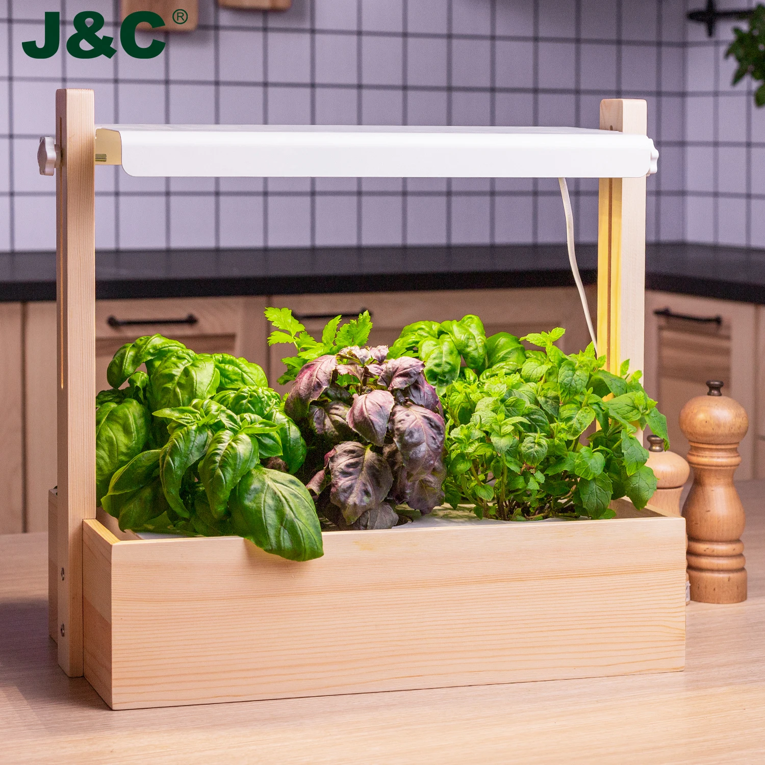 

J&C Minigarden indoor hydroponic growing system herb garden kit led grow light height adjustable, Wooden
