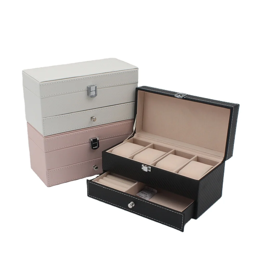 

Cute 4 slots watch jewellery packaging box with white pu leather 2 slots jewel ring display storage with drawer, Black & pink & white